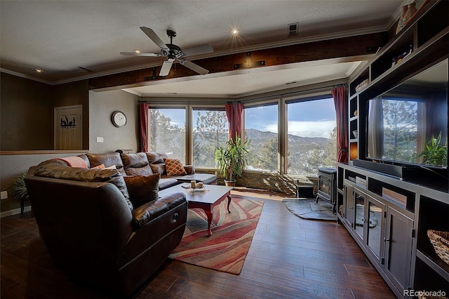 living room with dark wood-type flooring, ceiling fan, a textured ceiling, and a wood stove