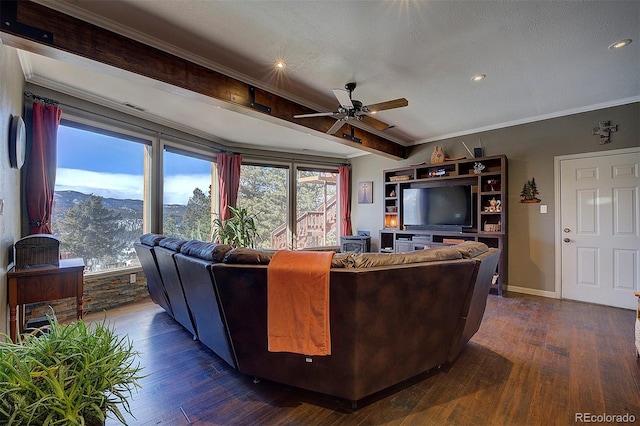 living room with dark hardwood / wood-style flooring, a mountain view, ornamental molding, and a textured ceiling