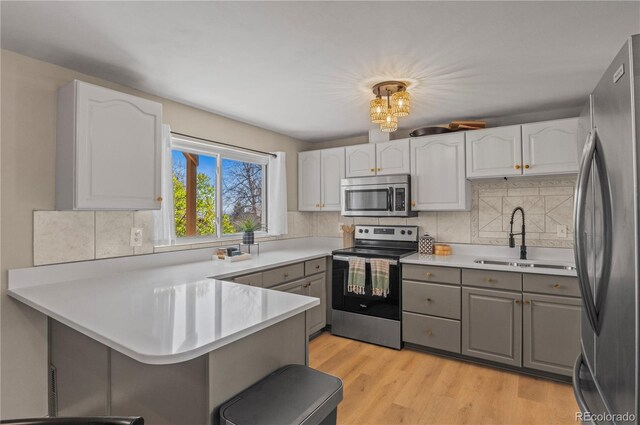 kitchen featuring a peninsula, appliances with stainless steel finishes, a sink, decorative backsplash, and gray cabinetry