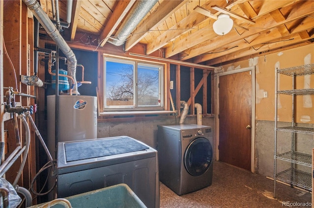 laundry room with water heater and washer and clothes dryer
