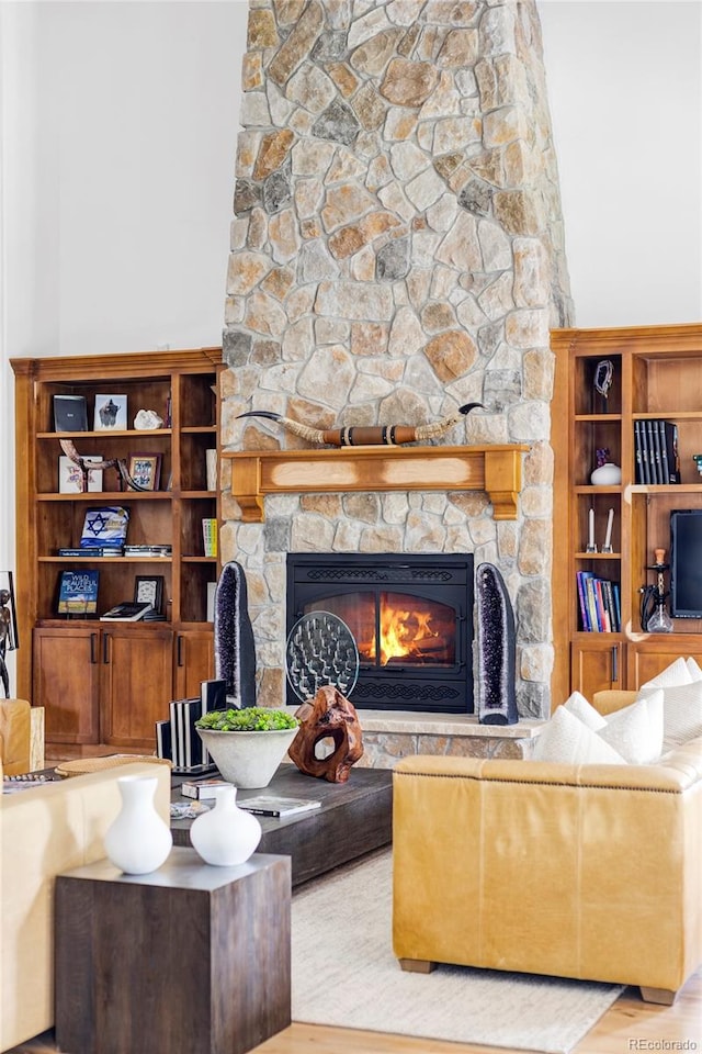 living room featuring a stone fireplace and hardwood / wood-style flooring