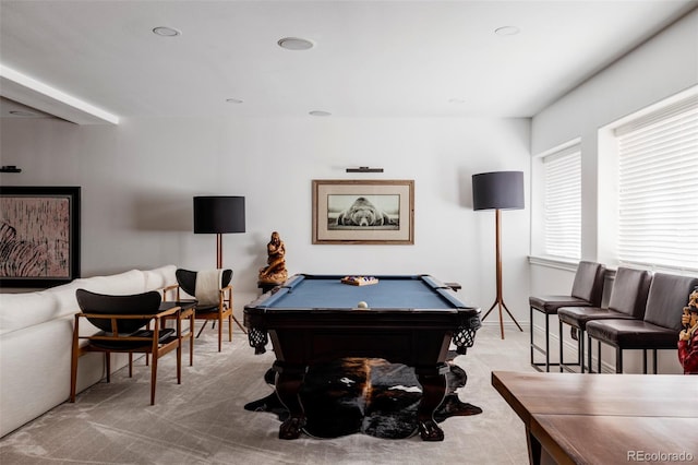 game room featuring light colored carpet and pool table