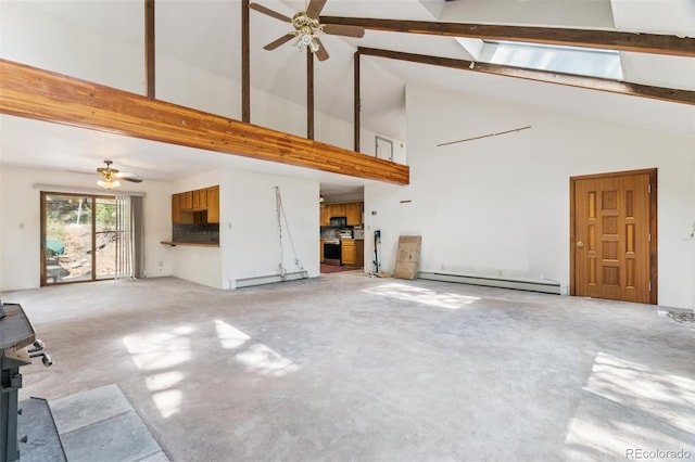 3909 County Road 72, Bailey, CO 80421 - unfurnished living room featuring a baseboard heating unit, high vaulted ceiling, a ceiling fan, beam ceiling, and carpet flooring