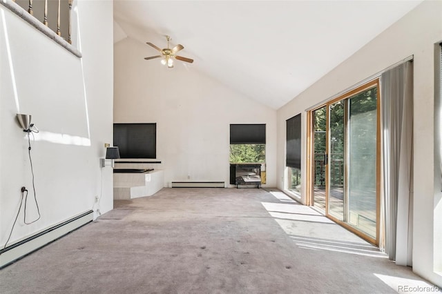 3909 County Road 72, Bailey, CO 80421 - unfurnished living room with a baseboard radiator, high vaulted ceiling, carpet, baseboard heating, and a ceiling fan