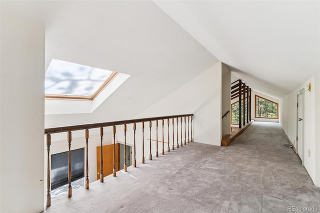 3909 County Road 72, Bailey, CO 80421 - hallway featuring a skylight, vaulted ceiling, and carpet