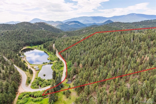 3909 County Road 72, Bailey, CO 80421 - aerial overview of property's location with a water and mountain view and property parcel outlined