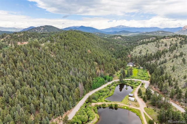 3909 County Road 72, Bailey, CO 80421 - drone / aerial view of a heavily wooded area and a water and mountain view