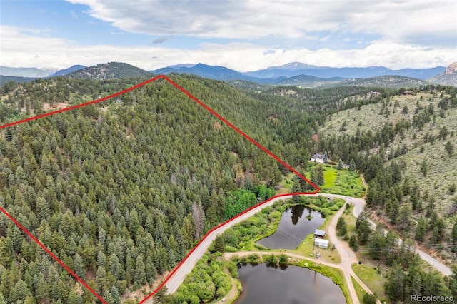 3909 County Road 72, Bailey, CO 80421 - aerial view of property and surrounding area featuring property parcel outlined and a water and mountain view