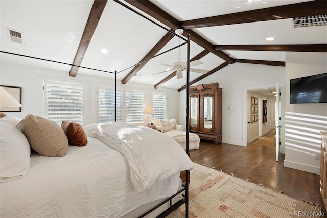 bedroom with vaulted ceiling with beams, dark hardwood / wood-style floors, and ceiling fan