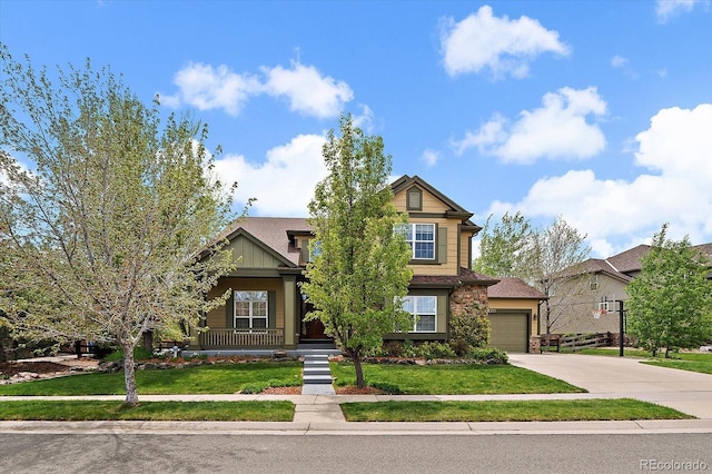 15258 W 75th Pl, Arvada, CO 80007 - craftsman-style house featuring concrete driveway, a front lawn, covered porch, and a garage