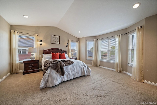 15258 W 75th Pl, Arvada, CO 80007 - bedroom featuring vaulted ceiling, carpet flooring, baseboards, and recessed lighting
