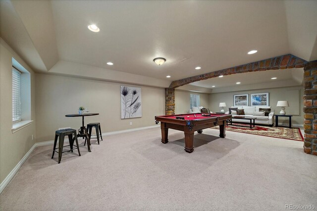 15258 W 75th Pl, Arvada, CO 80007 - game room with carpet, billiards table, recessed lighting, baseboards, and a tray ceiling