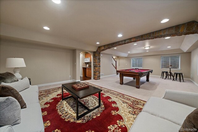 15258 W 75th Pl, Arvada, CO 80007 - playroom with arched walkways, billiards, carpet, baseboards, and recessed lighting