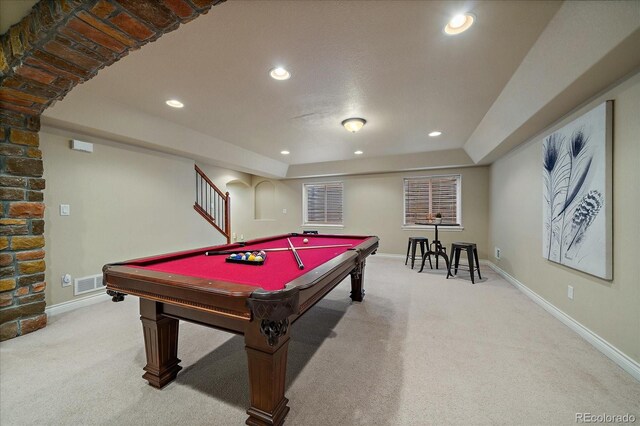 15258 W 75th Pl, Arvada, CO 80007 - rec room with carpet flooring, recessed lighting, baseboards, pool table, and a raised ceiling