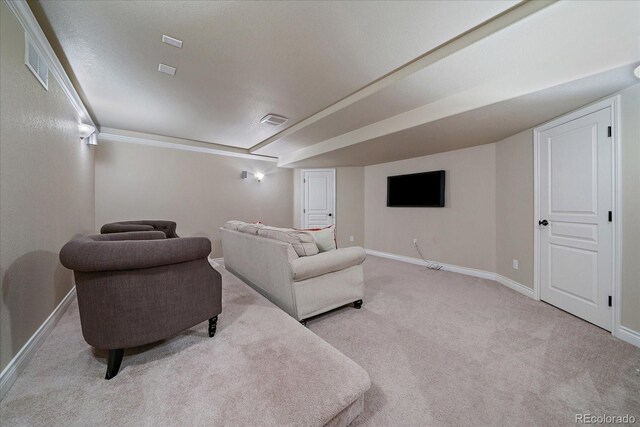 15258 W 75th Pl, Arvada, CO 80007 - living room with carpet flooring, baseboards, and ornamental molding