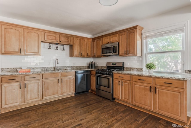 2260 Lilly Dr, Thornton, CO 80229 - kitchen with stainless steel appliances, light stone counters, tasteful backsplash, and dark wood finished floors