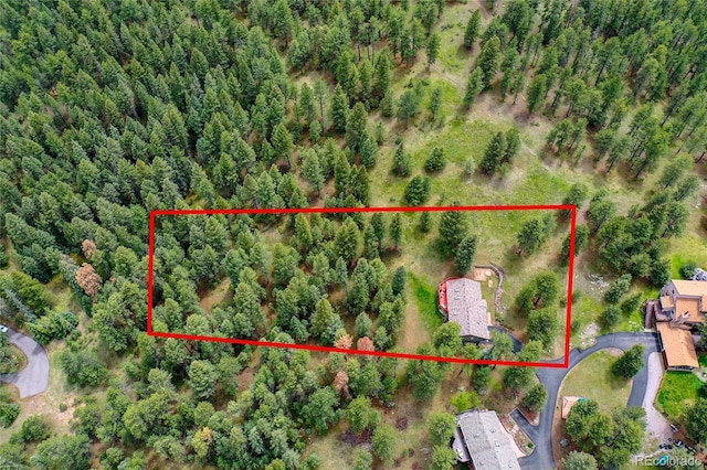 28065 Camel Heights Cir, Evergreen, CO 80439 - aerial overview of property's location with property parcel outlined