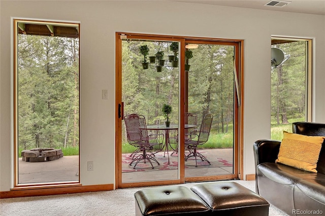 28065 Camel Heights Cir, Evergreen, CO 80439 - doorway to outside featuring carpet flooring and baseboards