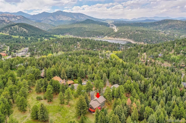 28065 Camel Heights Cir, Evergreen, CO 80439 - aerial overview of property's location featuring a heavily wooded area and a water and mountain view