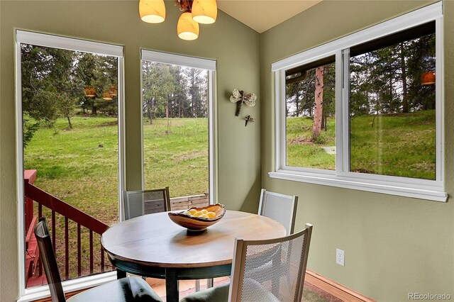 28065 Camel Heights Cir, Evergreen, CO 80439 - dining room featuring healthy amount of natural light, a chandelier, vaulted ceiling, and baseboards