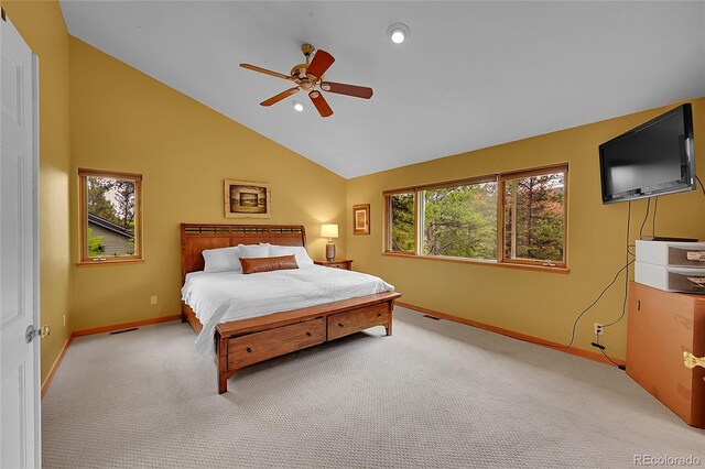 28065 Camel Heights Cir, Evergreen, CO 80439 - carpeted bedroom with baseboards, recessed lighting, a ceiling fan, and high vaulted ceiling