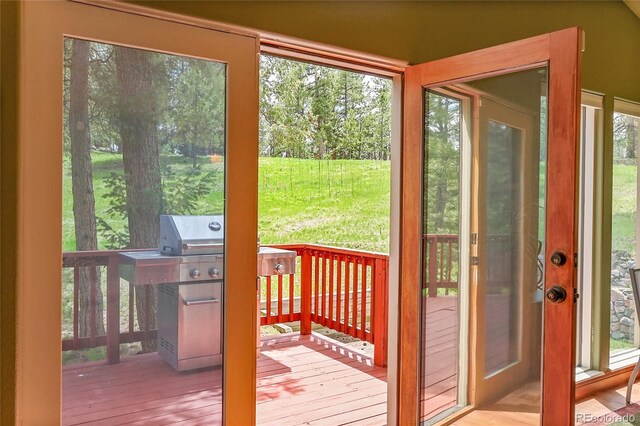 28065 Camel Heights Cir, Evergreen, CO 80439 - doorway to outside with wood finished floors