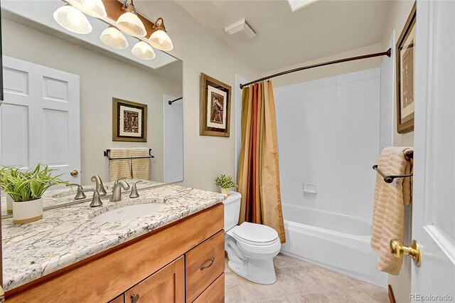 28065 Camel Heights Cir, Evergreen, CO 80439 - bathroom with vanity, shower / tub combo, toilet, and tile patterned floors