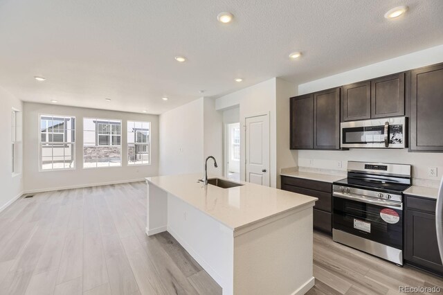 kitchen with an island with sink, appliances with stainless steel finishes, light hardwood / wood-style flooring, and sink