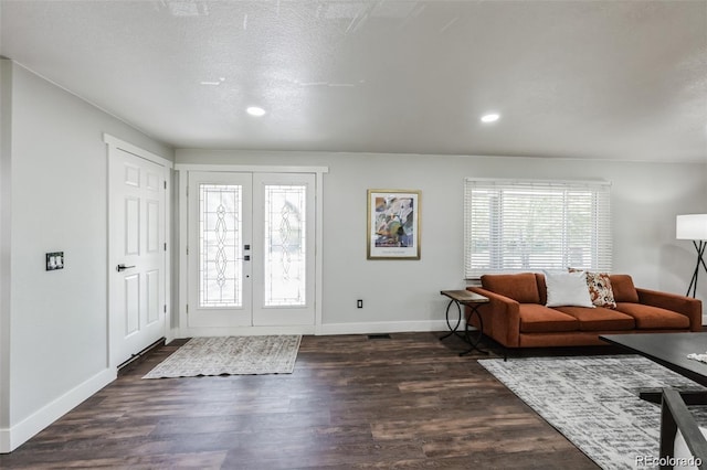 foyer featuring a wealth of natural light, french doors, and dark wood-type flooring