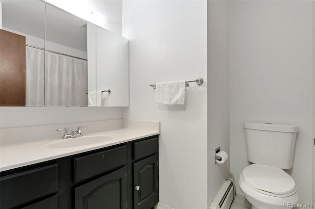 bathroom featuring walk in shower, toilet, vanity, and a baseboard heating unit