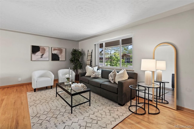 living room featuring hardwood / wood-style flooring and a textured ceiling