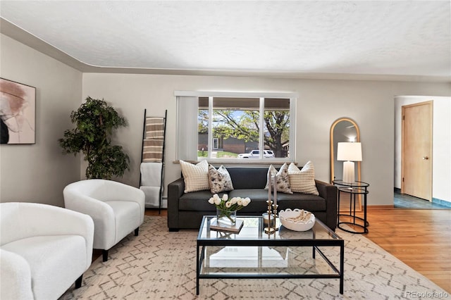 living room with a textured ceiling and light wood-type flooring