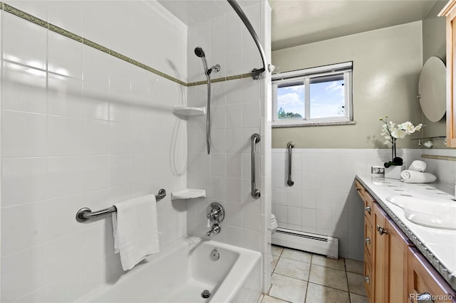 full bathroom featuring tile walls, tiled shower / bath combo, vanity, tile patterned flooring, and baseboard heating