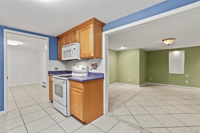 kitchen featuring light tile patterned floors, white appliances, backsplash, a textured ceiling, and a baseboard radiator