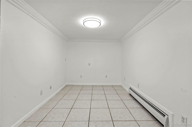 unfurnished room with light tile patterned floors, crown molding, a textured ceiling, and baseboard heating