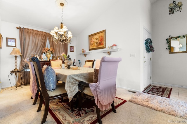 dining space featuring visible vents, light carpet, baseboards, and an inviting chandelier