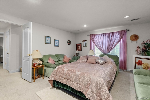 bedroom featuring baseboards, carpet floors, visible vents, and recessed lighting