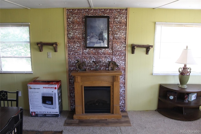 carpeted living room featuring heating unit and wooden walls