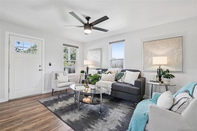 112 S Hooker St, Denver, CO 80219 - living area with wood finished floors and ceiling fan