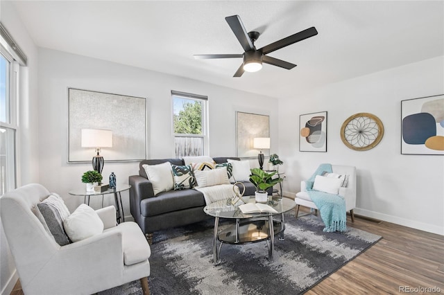 112 S Hooker St, Denver, CO 80219 - living room featuring wood finished floors and ceiling fan