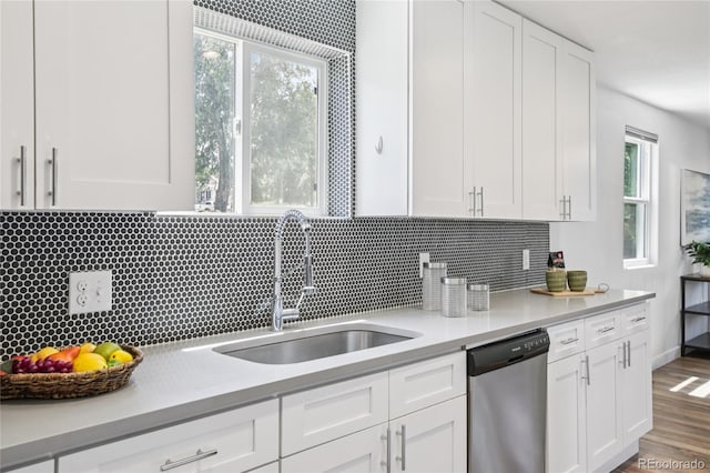 112 S Hooker St, Denver, CO 80219 - kitchen with stainless steel dishwasher, white cabinetry, and backsplash