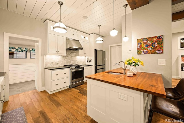 700 Cheyenne St, Golden, CO 80401 - kitchen featuring a sink, wood counters, stainless steel appliances, extractor fan, and dark wood-type flooring