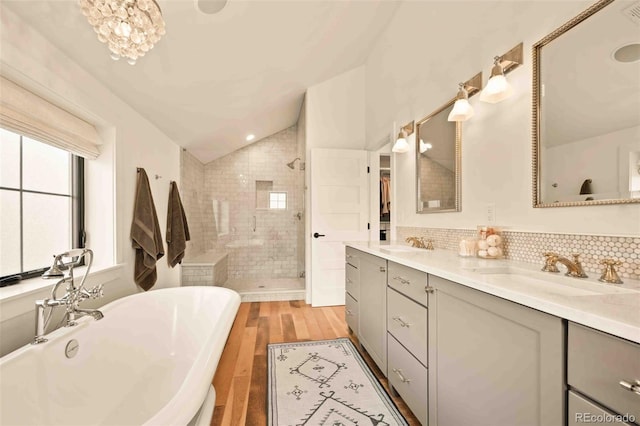 700 Cheyenne St, Golden, CO 80401 - full bath featuring a freestanding bath, a shower stall, wood finished floors, a sink, and lofted ceiling