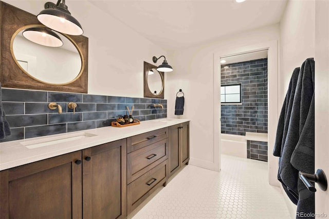 700 Cheyenne St, Golden, CO 80401 - full bathroom featuring vanity, tile patterned flooring, a shower, and tasteful backsplash