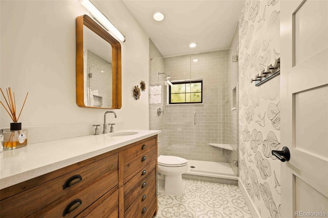700 Cheyenne St, Golden, CO 80401 - full bathroom featuring vanity, tile patterned flooring, toilet, recessed lighting, and a shower stall