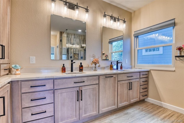 bathroom with hardwood / wood-style floors and vanity