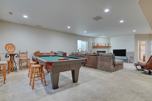 recreation room with light colored carpet and billiards