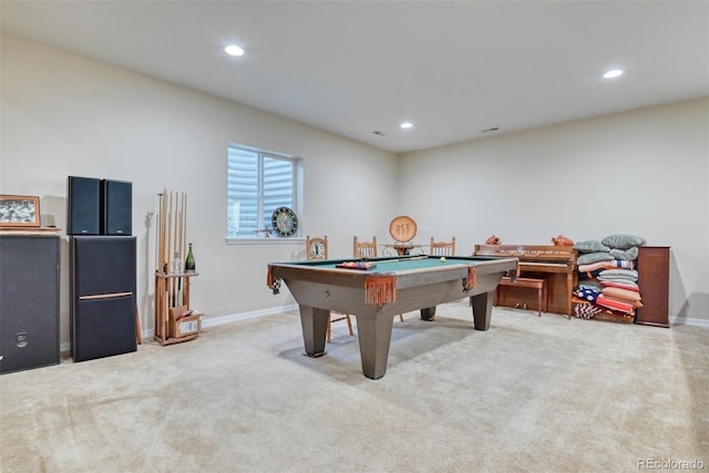 rec room featuring light carpet and pool table