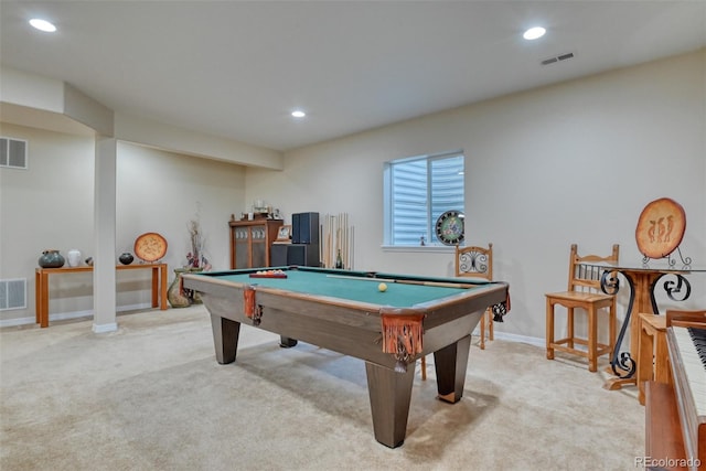 recreation room featuring light carpet and pool table