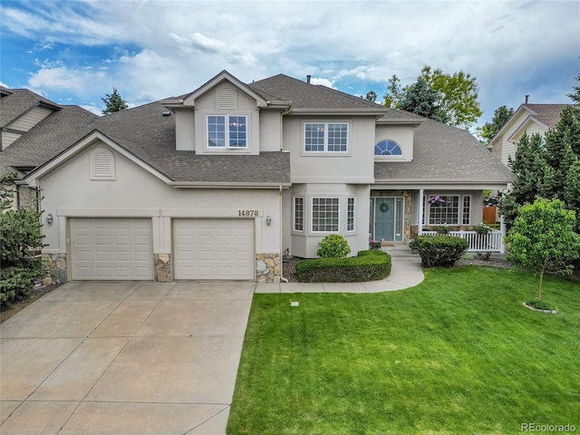 14878 E Aberdeen Ave, Centennial, CO 80016 - traditional-style home featuring stucco siding, concrete driveway, stone siding, and roof with shingles